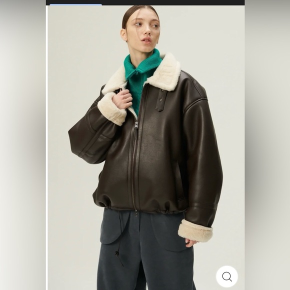 storets Dark Brown Bomber Jacket with Cream Shearling Trim - Picture 2 of 10